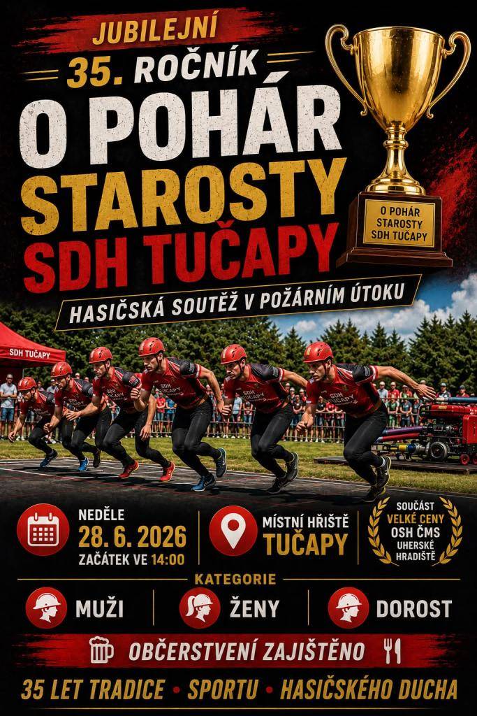 SDH Tučapy pořádá 35. ročník o Pohár starosty SDH Tučap se koná v neděli 28. června 2026 na místním hřišti v Tučapech. Akce začne ve 14:00. Pro účastníky a návštěvníky bude zajištěno občerstvení.