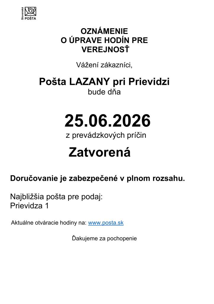POŠTA LAZANY - OZNAM