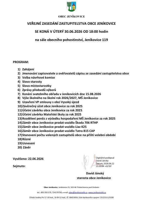 Veřejné zasedání zastupitelstva se uskuteční 30.6.2026