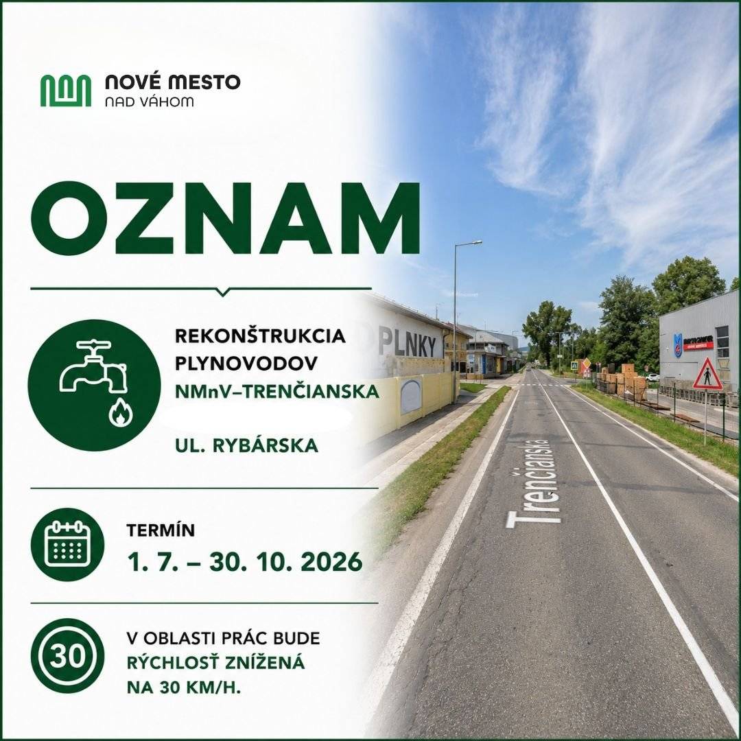 Od 1. júla do 30. októbra 2026 bude na uliciach Trenčianska (I/61) a Rybárska prebiehať rekonštrukcia plynovodov realizovaná spoločnosťou SPP – distribúcia, a. s. Počas prác bude doprava obmedzená a v dotknutom úseku bude platné dočasné dopravné značenie. Maximálna povolená rýchlosť bude znížená na 30 km/h. ⚠️ V termíne 7. – 31. júla 2026 dôjde aj k plánovanej odstávke plynu pre odberné miesta na ulici Trenčianska v úseku Trenčianska 28A až Trenčianska 64. Dotknutí odberatelia budú o odstávke informovaní realizátorom stavby. Prosíme vodičov aj chodcov o zvýšenú opatrnosť, rešpektovanie dočasného dopravného značenia a trpezlivosť počas realizácie prác. 📌 Informácie o rozsahu prác a dopravných obmedzeniach nájdete na webovej stránke mesta. Rekonštrukcia plynovodov prinesie dočasné dopravné obmedzenia na Trenčianskej a Rybárskej ulici | www.nove-mesto.sk Ďakujeme za pochopenie.
