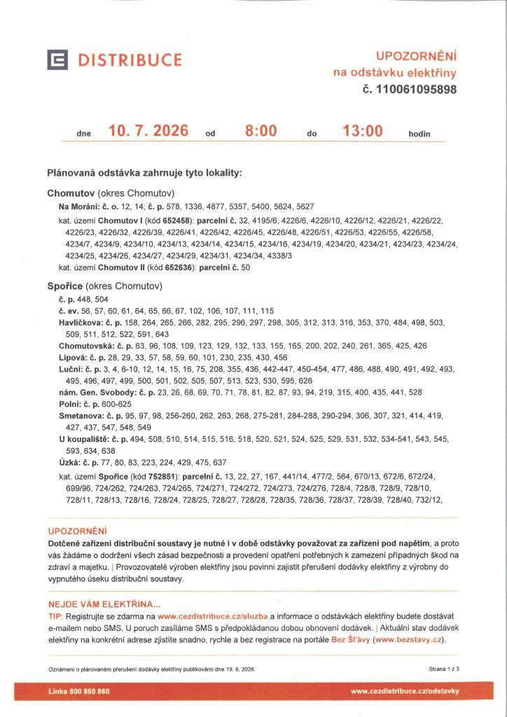 Lokality, které zahrnují odstávku naleznete rozepsané na plakátu.