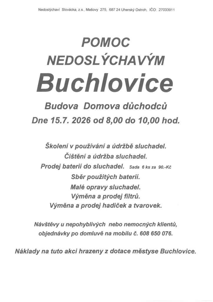 - 15.7.2026 od 8 do 10 hod. v DS Buchlovice