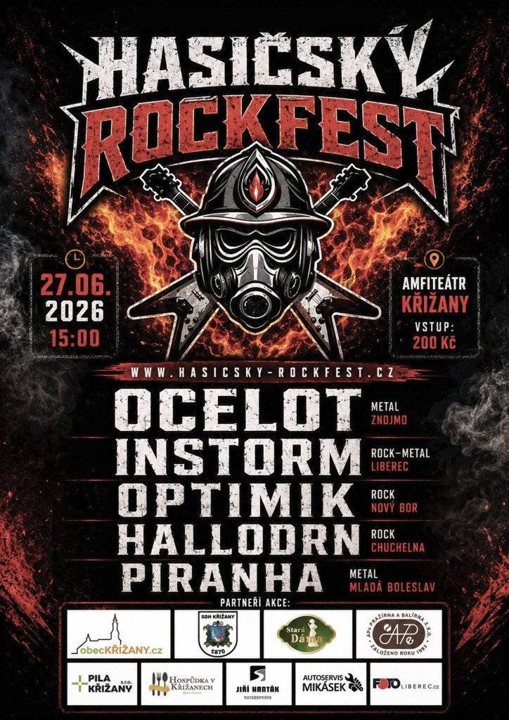 Zveme všechny fanoušky rockové muziky tuto sobotu 27.6.2026 od 15:00 do přírodního amfiteátru na 3. ročník Hasičského Rockfestu. Vstupné je 200 Kč, občerstvení zajištěno.