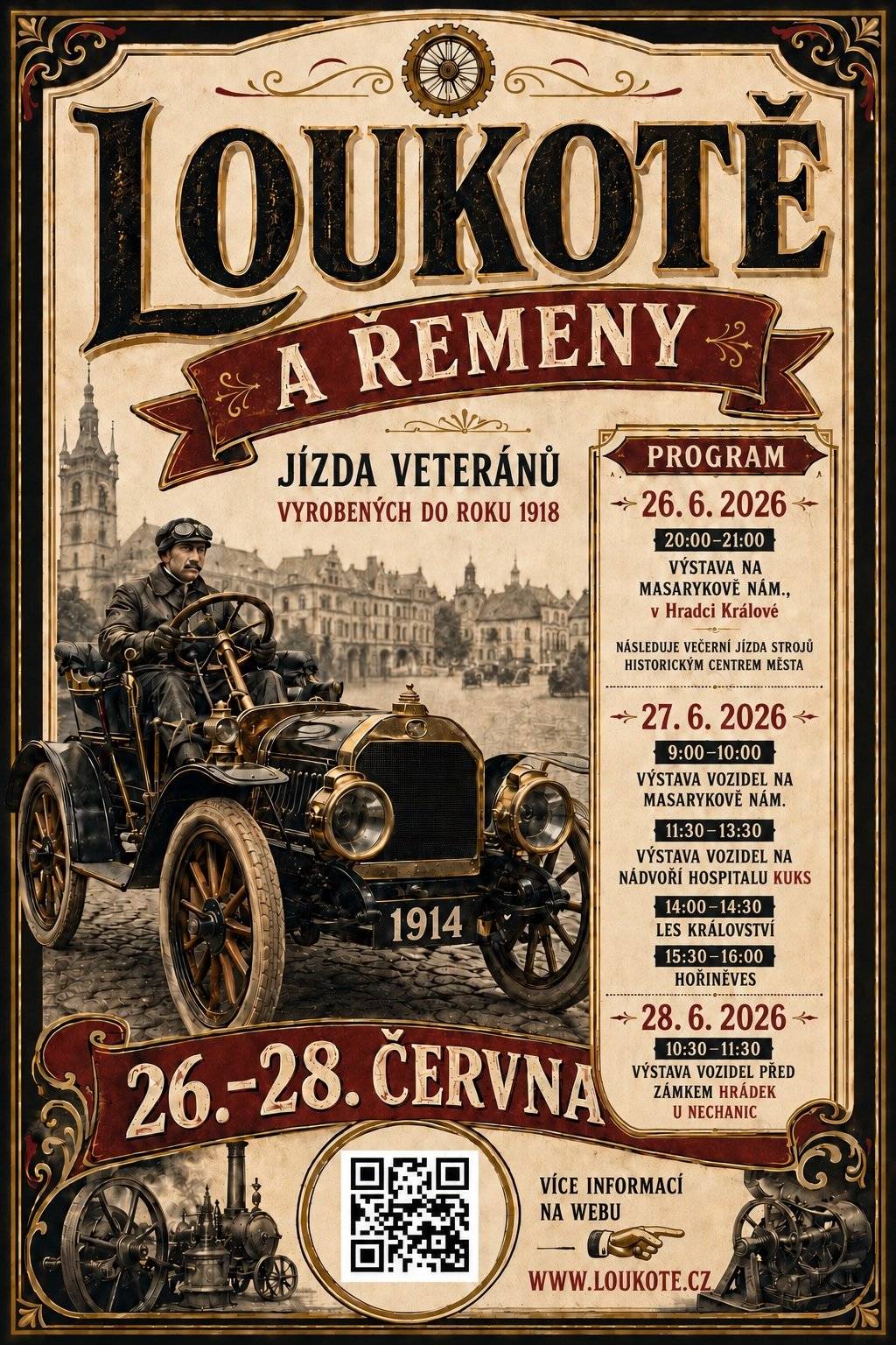 Přijměte pozvání - nenechte si ujít jízdu veteránů, přijďte se podívat v sobotu 27.6. 2026 v 15:30 hod. k hořiněvskému zámku do areálu bývalého statku. Akce je otevřena veřejnosti a vstup je zdarma. Organizátoři očekávají účast 30 unikátních automobilů a motocyklů, z nichž mnohé bývají běžně k vidění již pouze v muzeích. Více informací, program a seznam vozidel naleznete na oficiálních stránkách: www.loukote.cz
