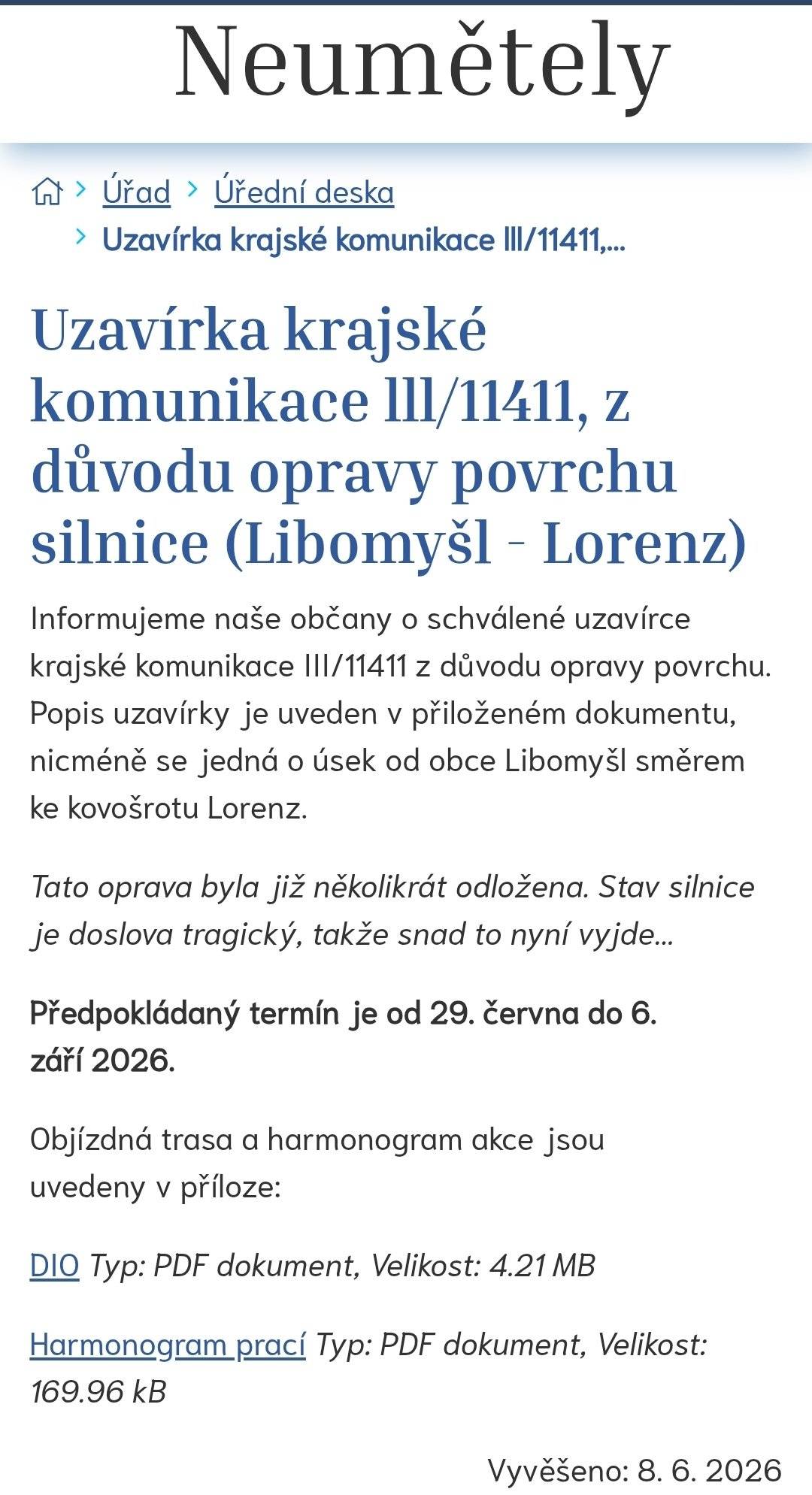 V příloze naleznete informace z webových stránek obce Neumětely.