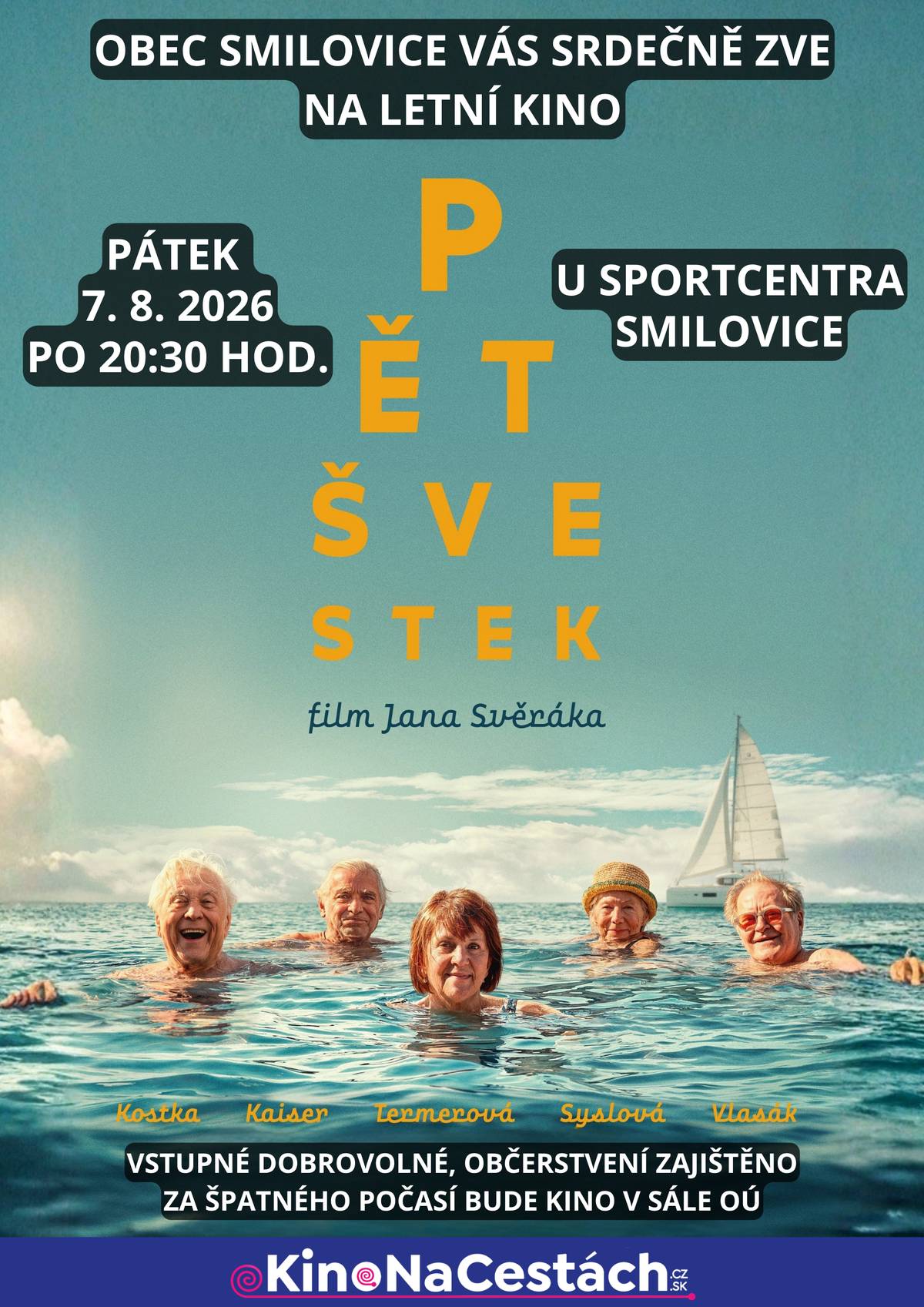 Obec Smilovice vás srdečně zve na promítání české komedie Pět švestek od Jana Svěráka. 📅 Pátek 7. srpna 2026 🕣 od 20:30 hodin 📍 u Sportcentra Smilovice ✨ Vstupné dobrovolné 🍿 Občerstvení zajištěno ☔ V případě nepříznivého počasí se promítání přesune do sálu OÚ. Přijďte si užít letní večer pod širým nebem, skvělý český film a příjemnou atmosféru s rodinou i přáteli. Těšíme se na vás!