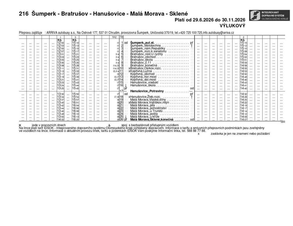 Z důvodu probíhající částečné uzavírky silnice II/312 od Hanušovic po hranice Pardubického kraje a zajištění přestupních vazeb byly na linky 216, 227 a 228 vypracovány výlukové jízdní řády, ve kterých je upřesněno vedení, časová poloha spojů a obsluha jednotlivých zastávek.