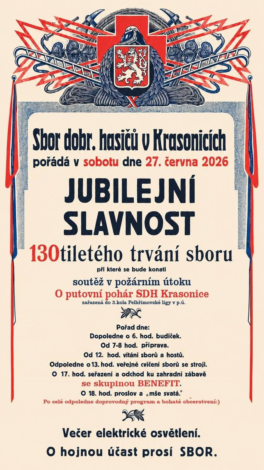 SDH Krasonice pořádá a srdečně Vás zve v sobotu 27. června 2026 na oslavu 130 let výročí sboru. Více informací na plakátu v příloze.