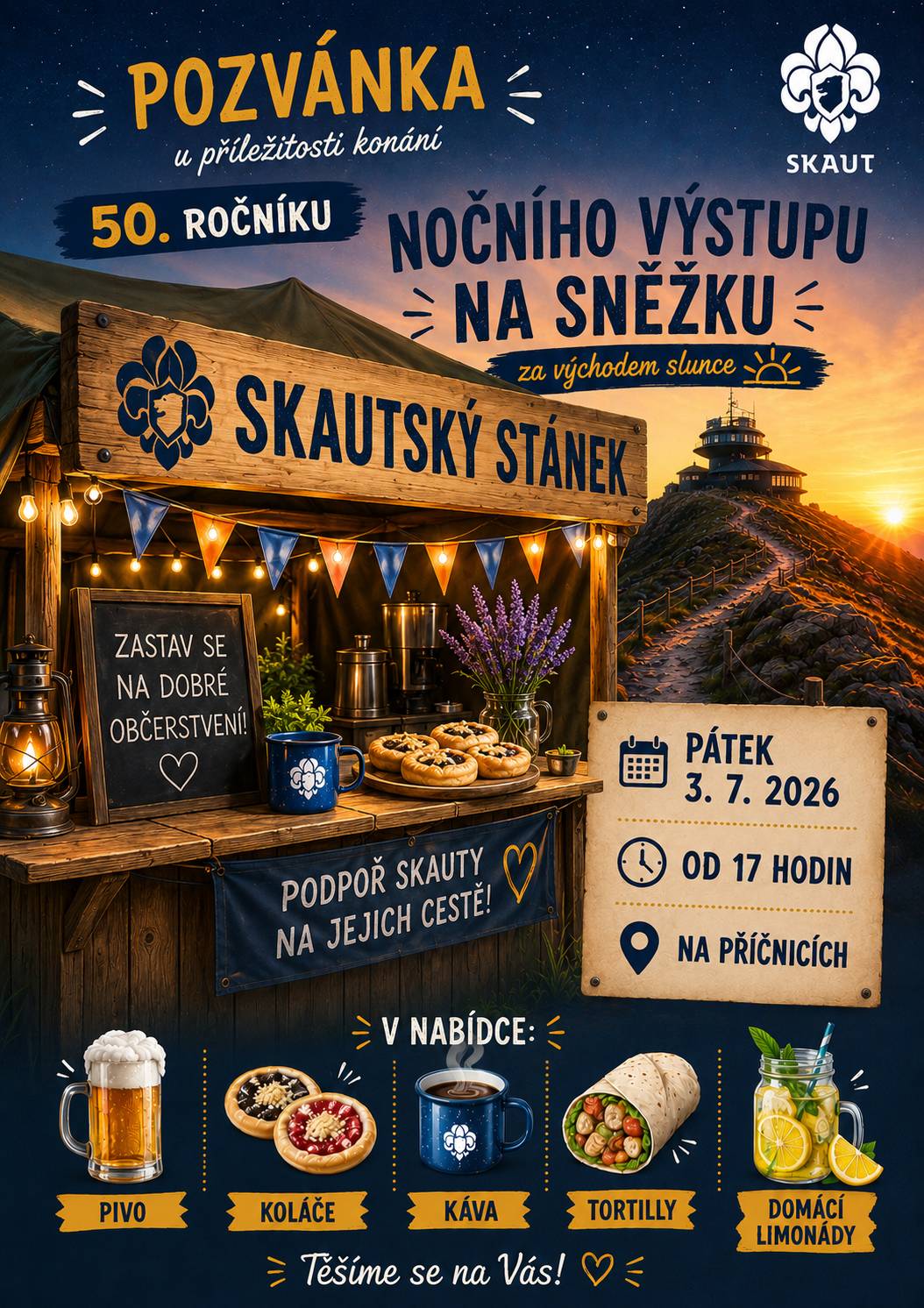 Skauti z oddílu Kalenky Vás již tradičně zvou ke stánku s občerstvením u příležitosti 50. ročníku Nočního výstupu na Sněžku za východem Slunce. 3.7.2025 od 17 hod. na Příčnicích. V nabídce je pivo, káva, domácí limonáda, koláče, tortily. Těšíme se na Vás!