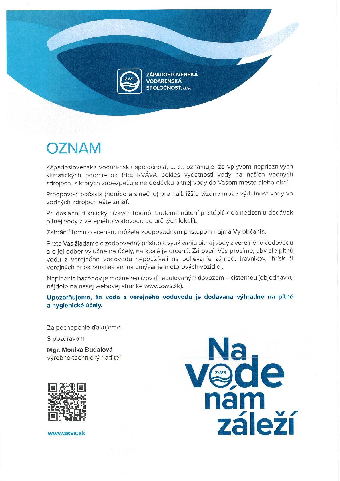 ZsVS a.s. Nitra upozorňuje
