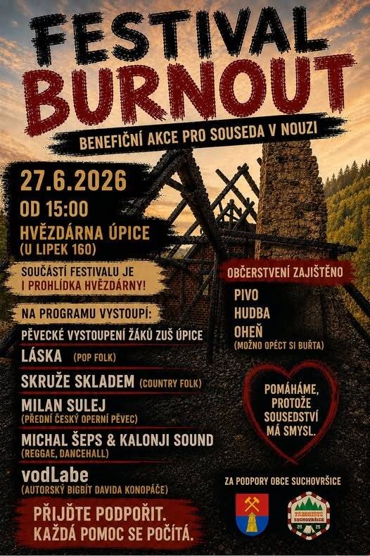 V sobotu 27.6.2026, od 15:00 hod., se koná na hvězdárně v Úpici benefiční festival "pro souseda v nouzi". Nápad je Michala Šepse. Ten zajistil i celou akci. Obvolal účinkující, sehnal místo, zařídil občerstvení a zajistil plakát. Za to mu patří mé ohromné díky. Doufám, že přijdete nejen podpořit "souseda v nouzi", ale taky se dobře pobavit a společně zahájíme letní prázdniny. Součástí akce je i prohlídka hvězdárny. Výtěžek poslouží na opravu nemovitosti po požáru v Suchovršicích. Na podporu majitele nemovitosti, která vyhořela 1.5.2026, obec založila transparentní účet u KB, který je volně k nahlédnutí na internetu. Číslo účtu je 131-4272930277/0100.   Tak si to všichni zapište do kalendáře a přijďte!!!