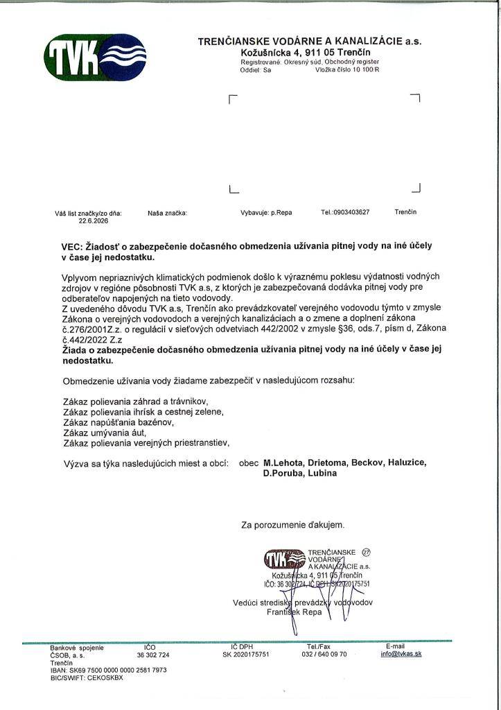 Dočasné obmedzenie užívania pitnej vody na iné účely v čase jej nedostatku.
