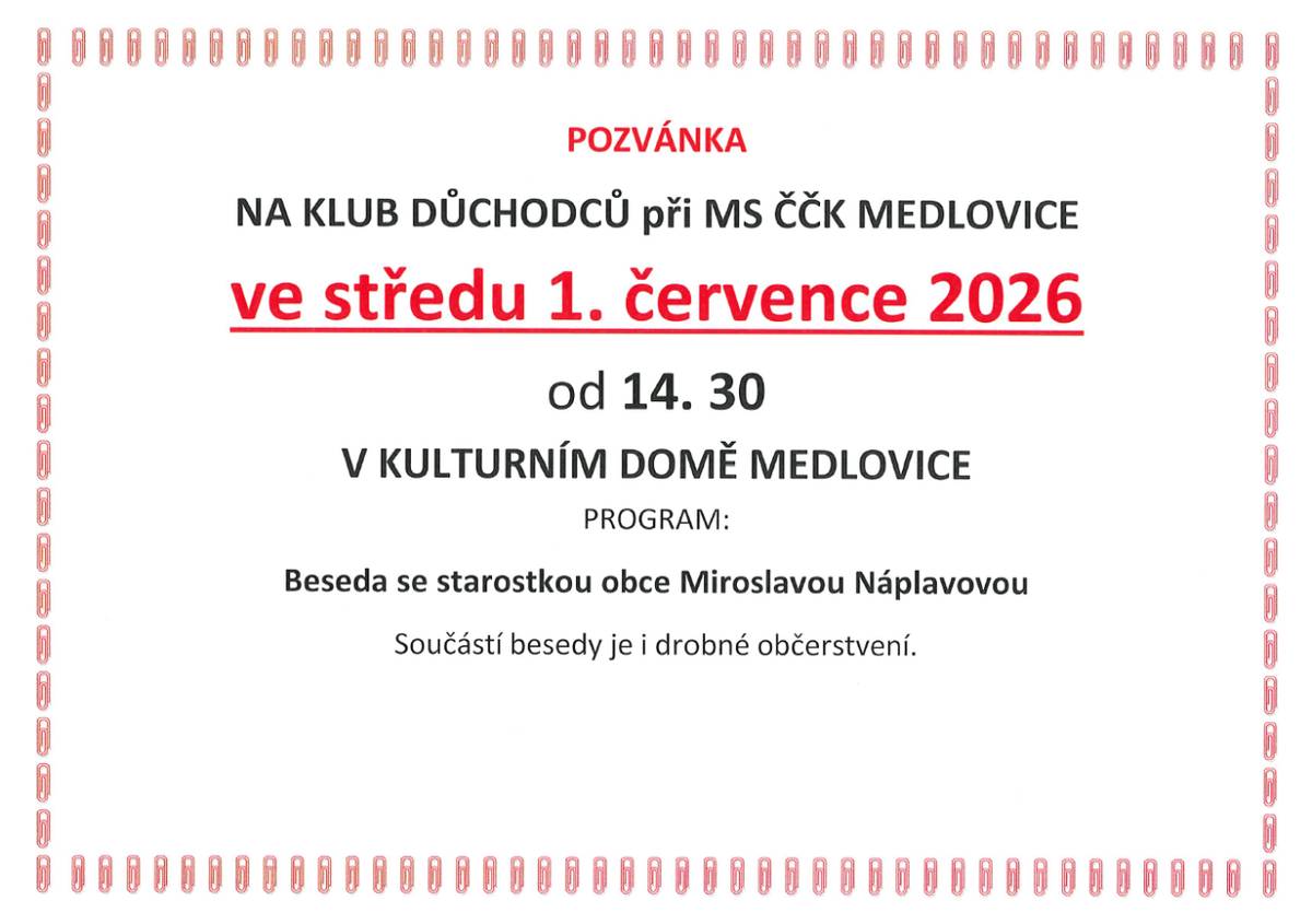 Ve středu 1. 7. 2026 od 14:30 na kulturním domě.
