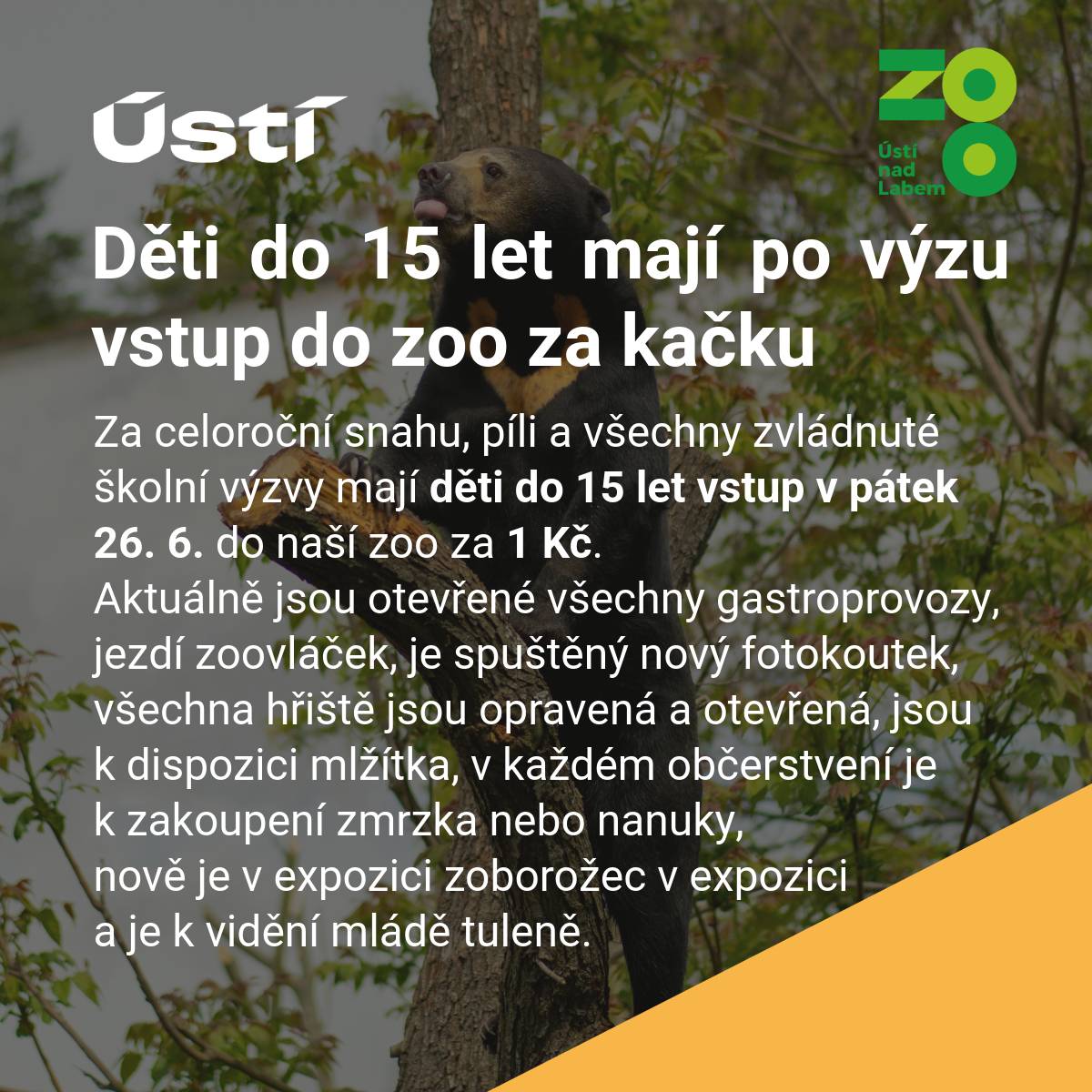 Za celoroční snahu, píli a všechny zvládnuté školní výzvy mají děti do 15 let vstup v pátek 26. 6. do naší zoo za 1 Kč. 💚       Aktuálně:   🌮 otevřeny všechny gastroprovozy,   🚂 jezdí zoovláček,   🚂 jezdí zoovláček,otokoutek,   🛝 všechna hřiště opravena a otevřena,   💦 k dispozici mlžítka,   🍦v každém občerstvení k zakoupení zmrzka nebo nanuky,   🦜 nově zoborožec v expozici,   🦭 mládě tuleně k vidění.