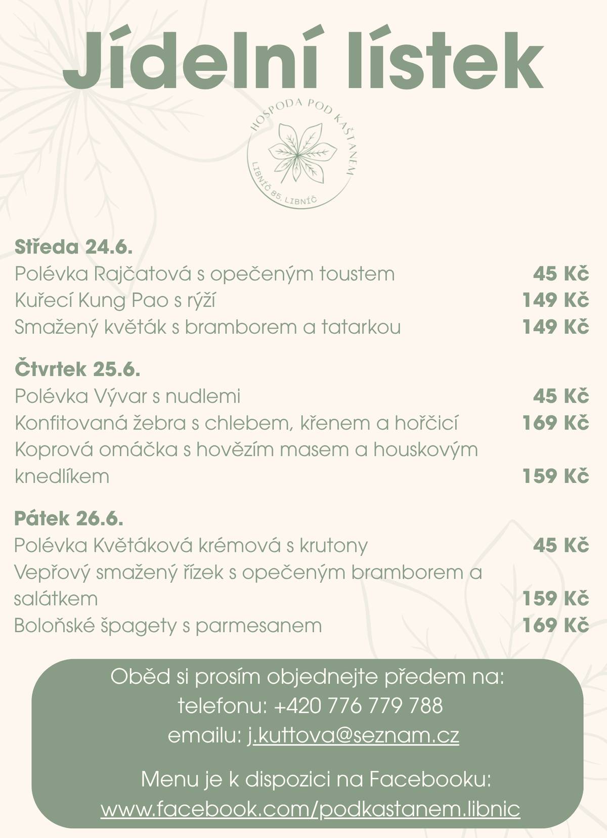 V naší libníčské hospůdce vaříme pro VÁS. Objednejte si oběd na tel. čísle: 776 779 788, nebo e-mailu : j.kuttova@seznam.cz. Otevřeno na obědy vždy Středa-Pátek od 11:00 - 13:00. Těšíme se na VÁS!