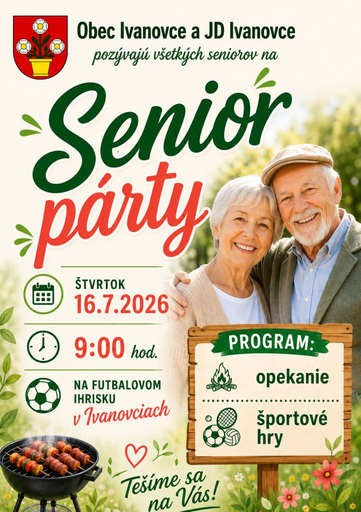 Pozývame všetkých seniorov užiť si deň plný zábavy, pohybu a nových zážitkov. Stretneme sa vo štvrtok 16.7.2026 o 9:00hod. na futbalovom ihrisku v Ivanovciach.  Tešíme sa na Vás.