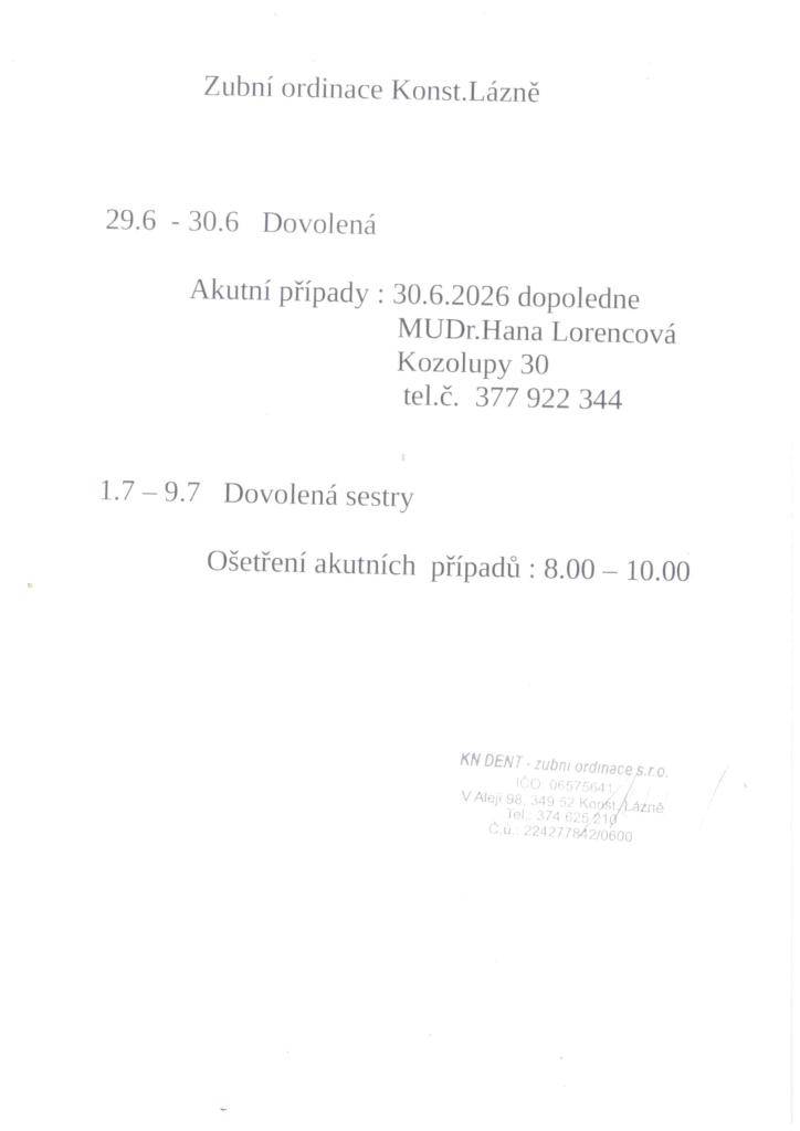 Zubní ordinace MUDr. Nuhlíčkové DOVOLENÁ 29.06. - 30.06.