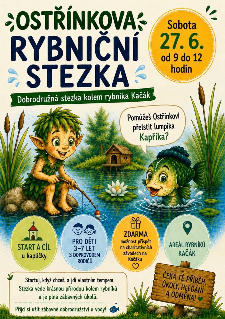 Vážení spoluobčané,  kulturní komise obce Ostřešany ve spolupráci s paní Nikolou Štěpánkovou připravila pro děti Ostřínkovu rybniční stezku.