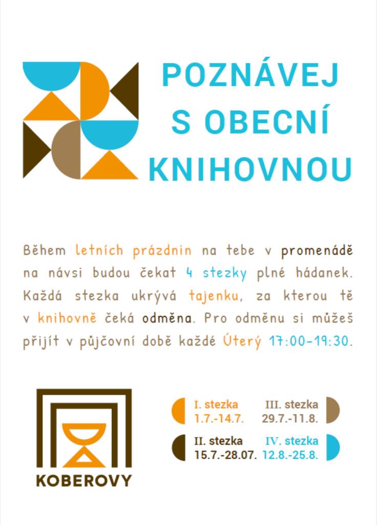 Během letních prázdnin se v promenádě na návsi můžete těšit na čtyři stezky plné hádanek, které pro děti připravila obecní knihovna. Každá stezka ukrývá tajenku, za kterou na vás v knihovně čeká odměna. Odměnu si můžete vyzvednout každé úterý v půjčovní době od 1. července do 25. srpna 2026.