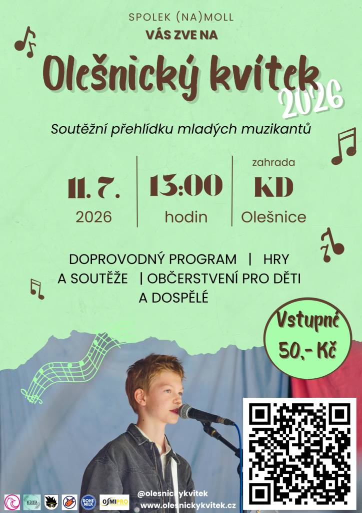 Spolek (na)Moll vás srdečně zve na oblíbenou letní akci Olešnický kvítek, která se uskuteční v sobotu 11. července od 13 hodin na zahradě kulturního domu v Olešnici na Moravě.