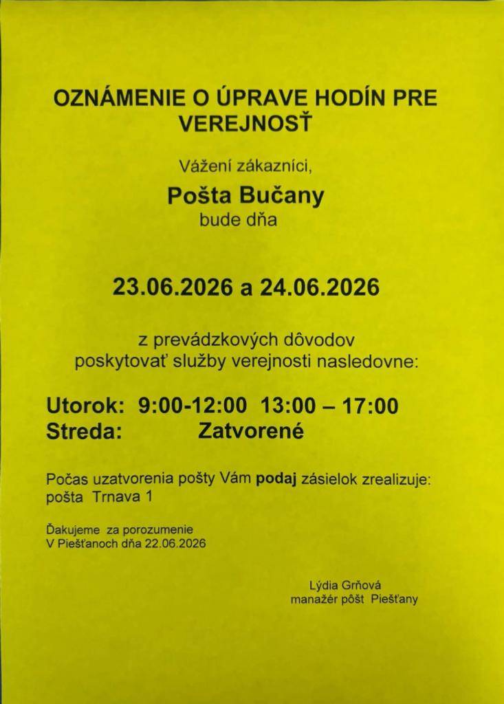 Slovenská pošta, pobočka Bučany mení hodiny pre verejnosť na dni 23.-24.06.2026