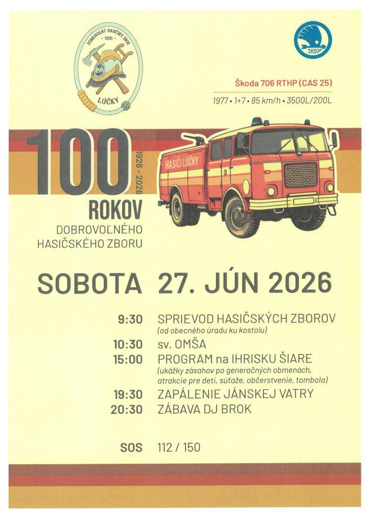 Obec Lúčky pozýva na oslavy 100 rokov Dobrovoľného hasičského zboru v sobotu 27.6.2026 od 9:30 hod.