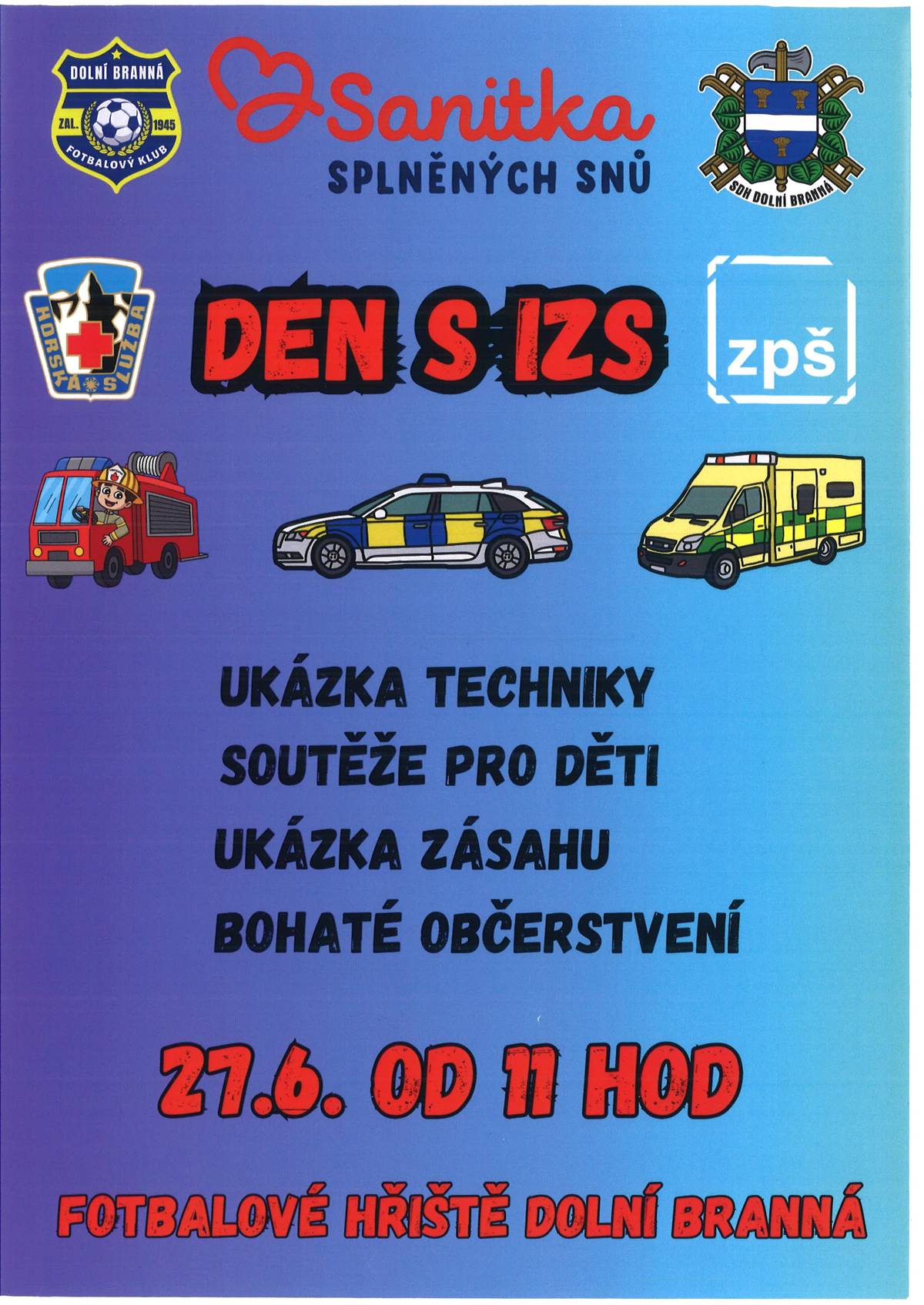 V sobotu 27. června 2026 se na fotbalovém hřišti v Dolní Branné uskuteční akce Den s IZS a Sanitkou splněných snů. Začátek programu je v 11:00 hodin. Návštěvníci se mohou těšit na prezentaci složek integrovaného záchranného systému, zejména hasičů, zdravotnické záchranné služby, Policie ČR a Horské služby, dále na ukázky techniky a vybavení, ukázku zásahu, soutěže pro děti a další doprovodný program. Občerstvení je zajištěno.