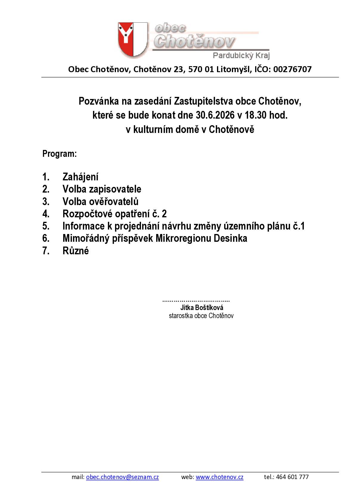 Zveme na zasedání zastupitelstva dne 30.6.2026 od  18.30 hodin.