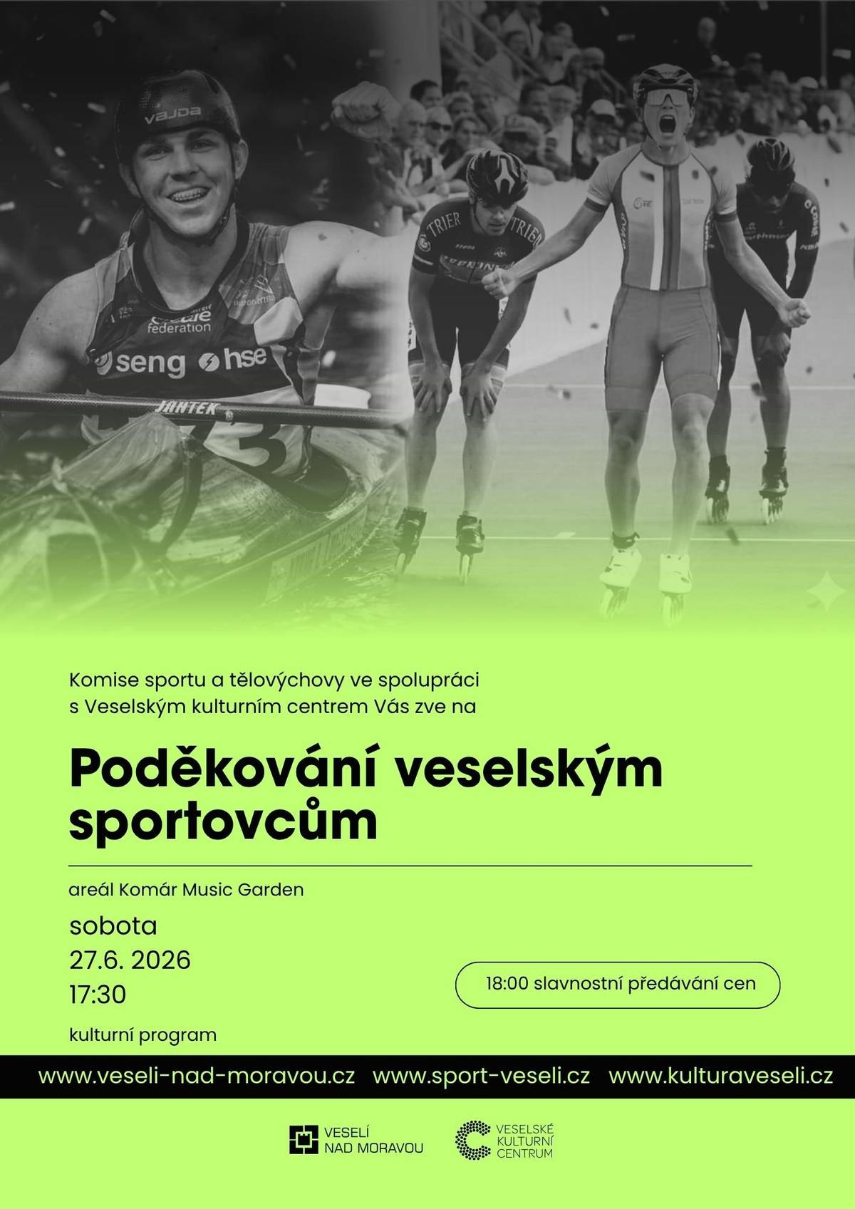 V sobotu 27. června od 17:30 se v areálu Komár Music Garden uskuteční slavnostní akce „Poděkování veselským sportovcům“, během níž město ocení nejlepší sportovce, kteří svými výkony a úspěchy reprezentují Veselí nad Moravou doma i v zahraničí. Město Veselí nad Moravou si váží všech, kteří se podílejí na rozvoji sportovního života ve městě. Slavnostní akce „Poděkování veselským sportovcům“ bude současně příležitostí ke vzájemnému setkání všech trenérů, sportovců i funkcionářů. Přivítána je také široká veřejnost, která může společně s městem ocenit úspěchy těch, kteří Veselí nad Moravou důstojně reprezentují. Vrcholem podvečera bude ocenění nejúspěšnějších sportovců, kteří v uplynulém období dosáhli mimořádných výsledků a důstojně reprezentovali Veselí nad Moravou na regionálních, republikových i mezinárodních soutěžích. Můžete se těšit na vystoupení gymnastek a členek skupiny M-aerobik.  Město zve všechny příznivce sportu, aby přišli společně ocenit úspěchy veselských sportovců a setkat se s těmi, kteří se podílejí na rozvoji sportu ve Veselí nad Moravou.
