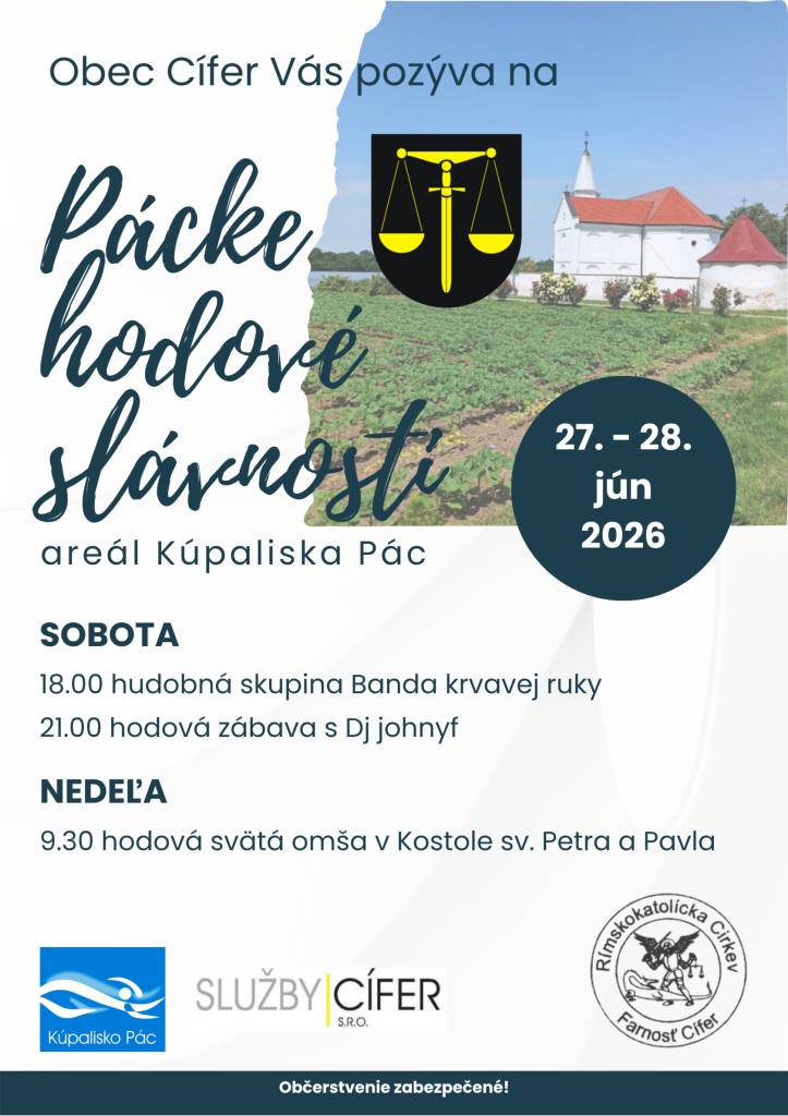 Srdečne vás pozývame na Pácke hodové slávnosti, ktoré sa uskutočnia počas najbližšieho víkendu 27.-28.júna 2026!    Tešíme sa na vašu účasť a veríme, že si hodové slávnosti spoločne užijeme!