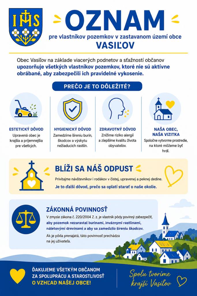 Obec Vasiľov žiada vlastníkov pozemkov, aby pravidelne kosili neobrábané plochy, čím zabezpečia estetiku a hygienu v obci. Opatrenie pomôže obmedziť šírenie alergénov a burín, a prispeje k reprezentatívnemu vzhľadu pred nadchádzajúcim farským odpustom.