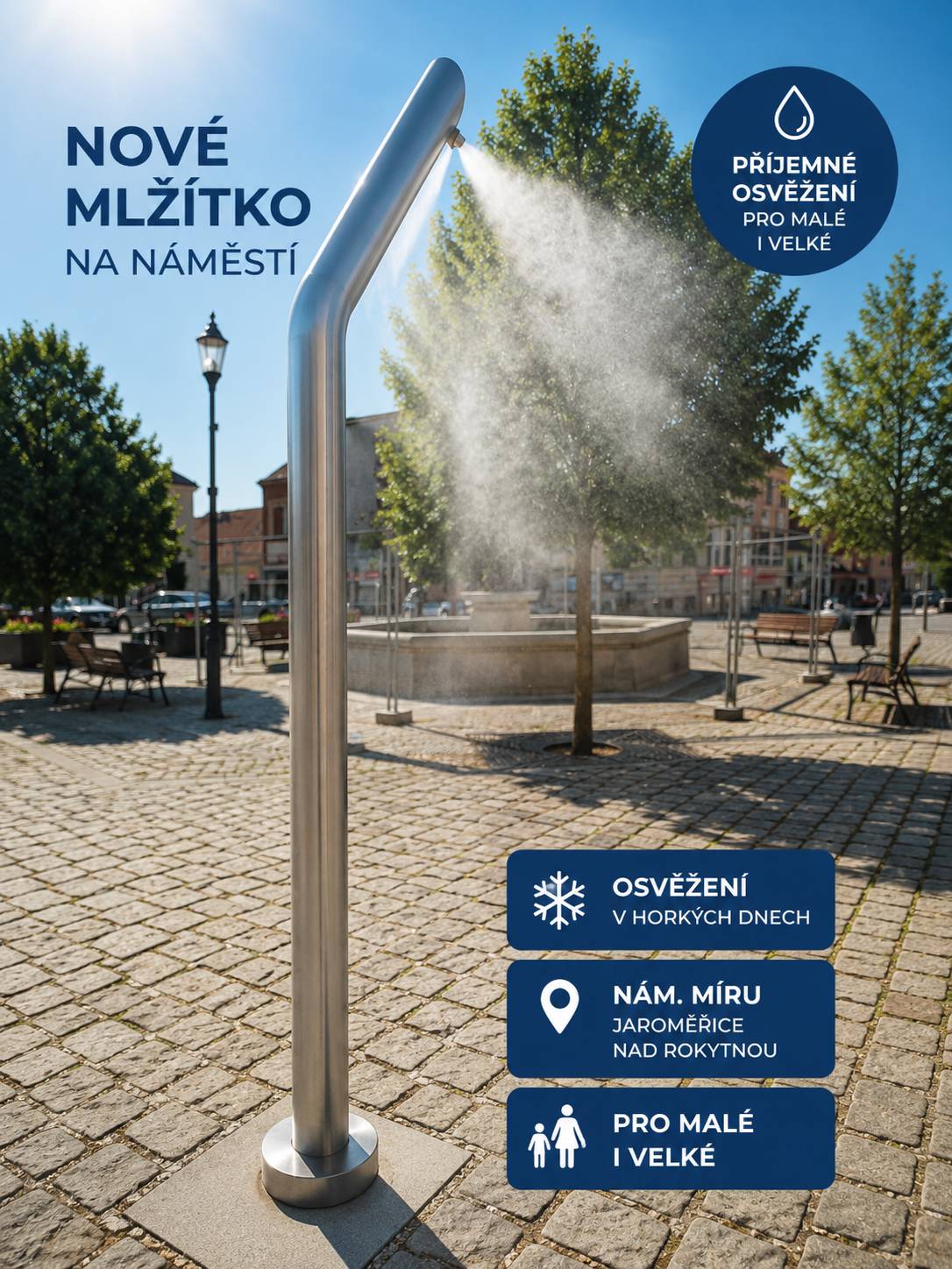 V těchto horkých letních dnech jistě přijde vhod každé osvěžení. Na nám. Míru bylo nově instalováno mlžítko, které nabízí příjemné zchlazení během pobytu v centru města. Věříme, že tuto novinku ocení malí i velcí návštěvníci náměstí a zpříjemní jim pobyt během letních dnů. Přijďte ho vyzkoušet a dopřát si chvilku osvěžení.