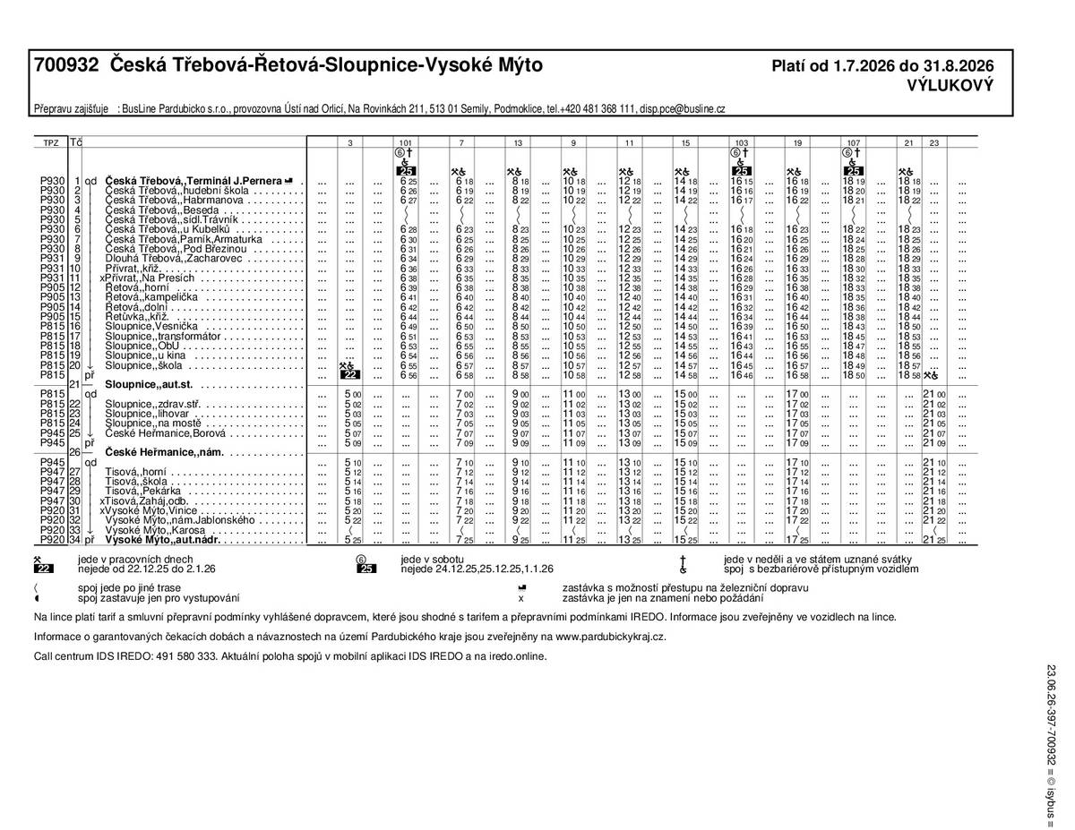 V souvislosti s uzavírkou mezi Sloupnicí a Litomyšlí bude od 1. 7.2026 zaveden výlukový jízdní řád také na lince 700932 Česká Třebová - Sloupnice - Vysoké Mýto. JŘ je v příloze.