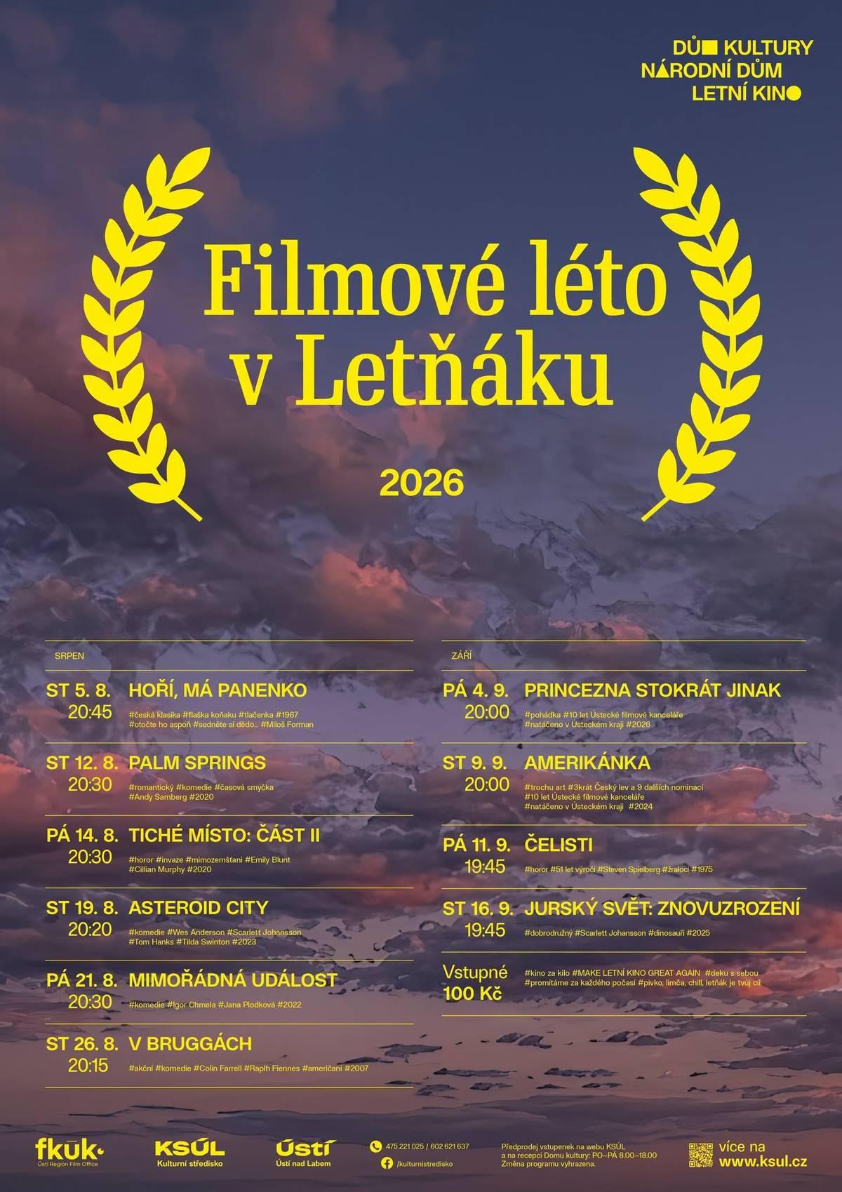 Po dlouhých 13 letech se do Letního kina v Ústí nad Labem vrací pravidelné filmové projekce. Od srpna až do poloviny září vás čekají filmové večery pod širým nebem, skvělá atmosféra a promítání na obří ploše, kterou ve městě nenajdete.     Těšit se můžete na české klasiky, kultovní komedie, napětí i pohádku pro děti.     🎥 5. 8. – Hoří, má panenko 🎥 12. 8. – Palm Springs 🎥 14. 8. – Tiché místo: Část II 🎥 19. 8. – Asteroid City 🎥 21. 8. – Mimořádná událost 🎥 26. 8. – V Bruggách 🎥 4. 9. – Princezna stokrát jinak 🎥 9. 9. – Amerikánka 🎥 11. 9. – Čelisti 🎥 16. 9. – Jurský svět: Znovuzrození     🎟️ Vstupné na všechny projekce je 100 Kč. 🍿 Občerstvení bude zajištěno po celou dobu promítání na horním prostranství. Více informací a vstupenky najdete na webu KSUL.