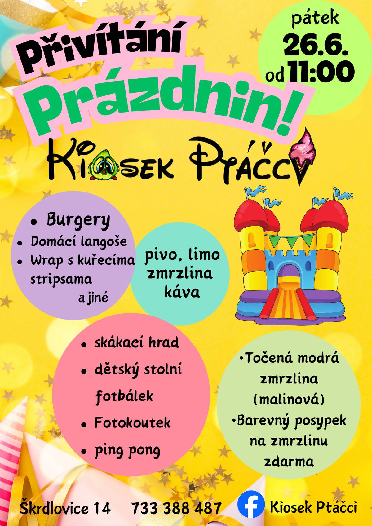 ✨️🎉PRÁZDNINY VOLAJÍ 🎉✨️ Po roce tu máme zase naše PŘIVÍTÁNÍ PRÁZDNIN. Kam s dětmi za vysvědčení? Co třeba k Ptáčkům 🎈✨️ Kiosek Ptáčci pro Vás pořádá tradiční dětské odpoledne. 26.6. v pátek od 11:00 Nachystaný bude 🎈skákací hrad 🎈dětský fotbálek, ping pong 🎈další spousta zábavy a hraček  🎈barevný posypek na zmrzlinu zdarma 🎈fotokoutek 🎈burgery 🎈pivo Radegast i Dalešice 🎈výborná kávička  Budeme se na Vás a Vaše ratolesti těšit 👧🏼👦 A přejeme Vám krásné letní prázdniny 2026