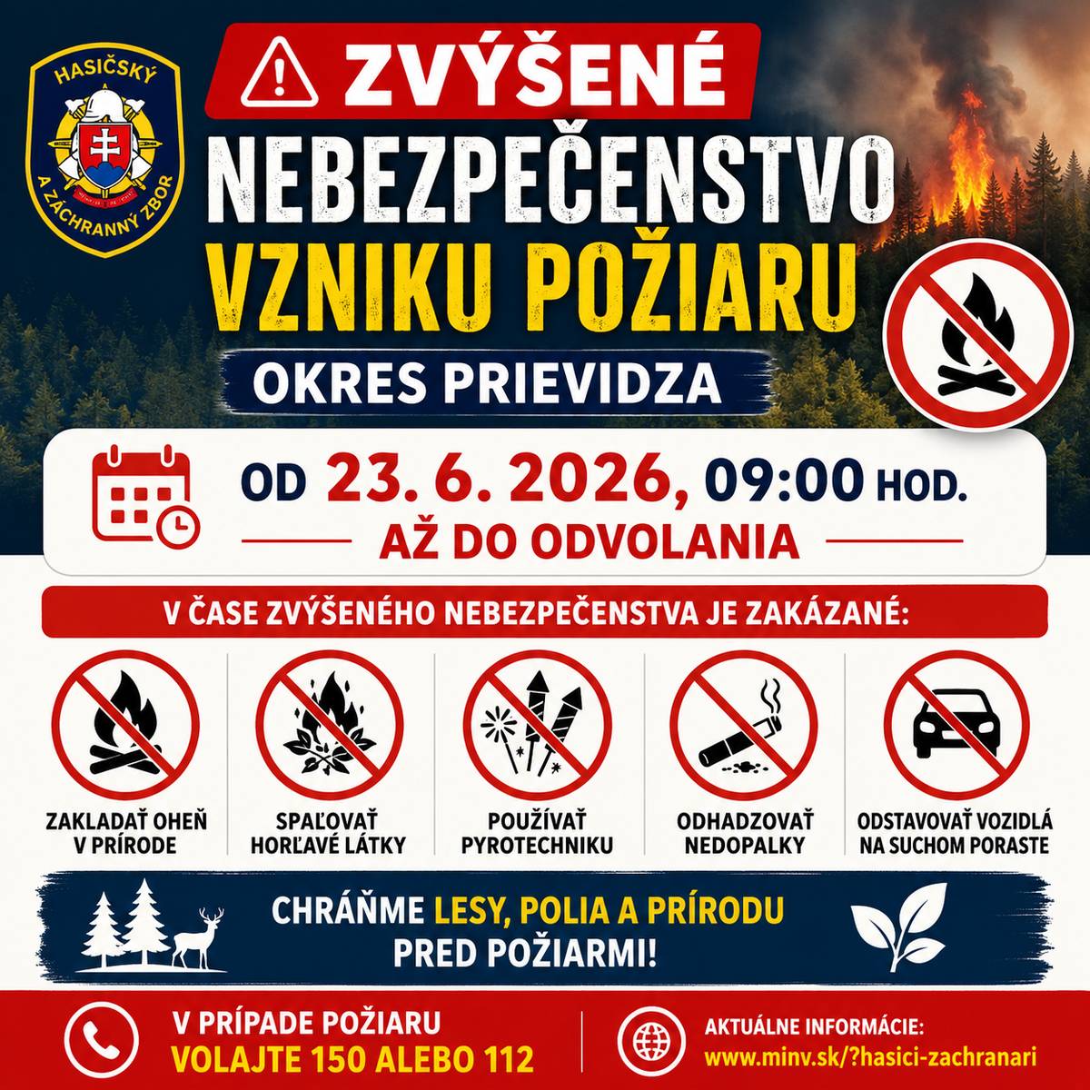 Okresné riaditeľstvo HaZz v Prievidzi  V Y H L A S U J E ČAS ZVÝŠENÉHO NEBEZPEČENSTVA VZNIKU POŽIARU pre celé územie okresu Prievidza od 23.06.2026, 09:00 hod. do odvolania