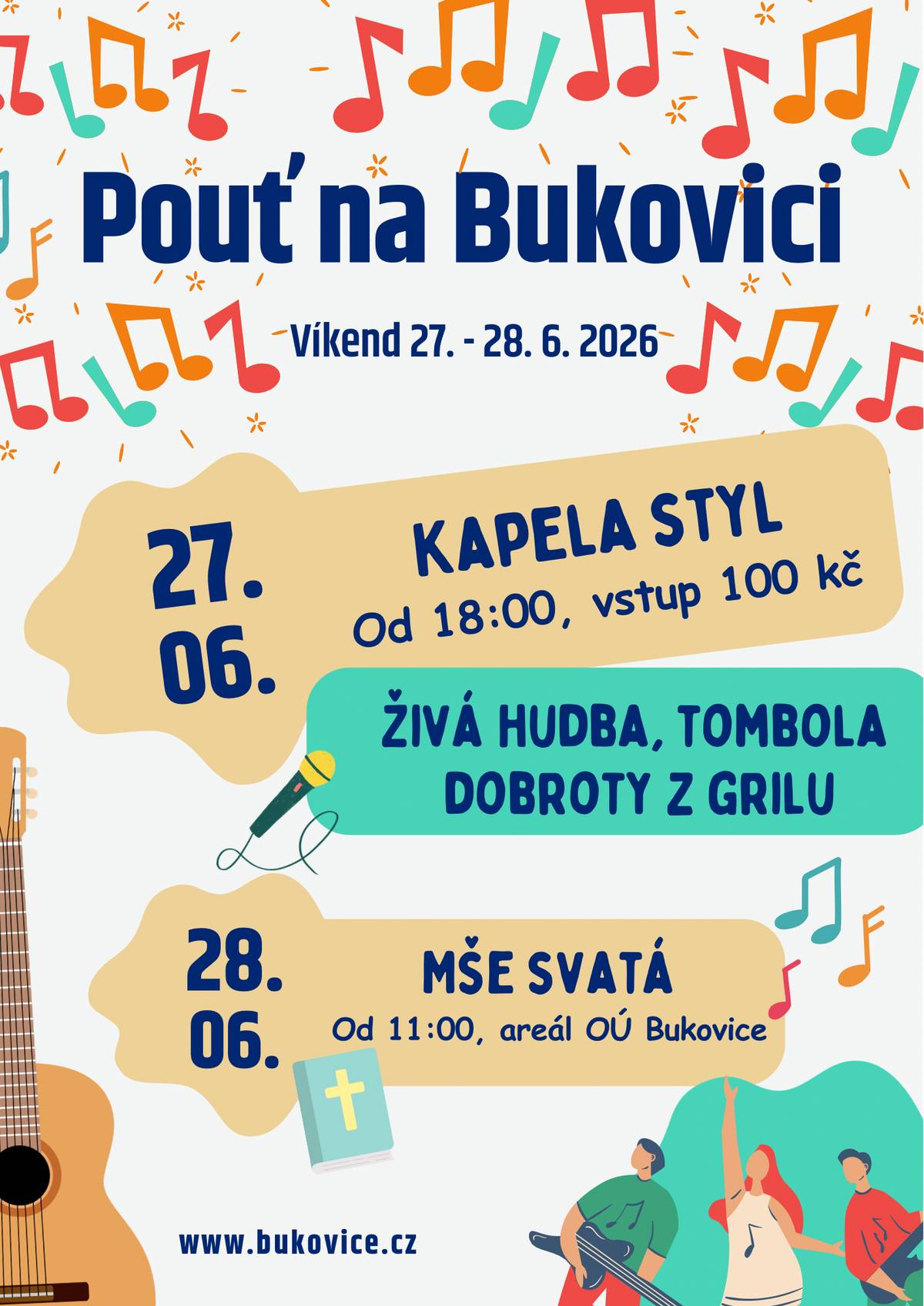 Vážení občané, srdečně Vás zveme na sobotní Pouťovou zábavu. Večer nám k tanci zahraje kapela Styl, v nabídce hospůdky budou speciality z grilu. Následně v neděli dopoledne, v areálu parku u OÚ, proběhne Poutní mše svatá. Tento víkend na Bukovici tak bude patřit kultuře a společnému setkávání!