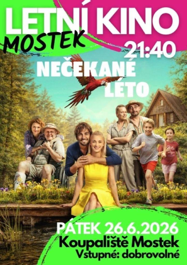SRPŠ Mostek pořádá 26.6.2026 v areálu autokempu Mostek letní kino. Promítat se bude český film NEČEKANÉ LÉTO. Začátek v 21:40 hodin.  Vstupné dobrovolné.