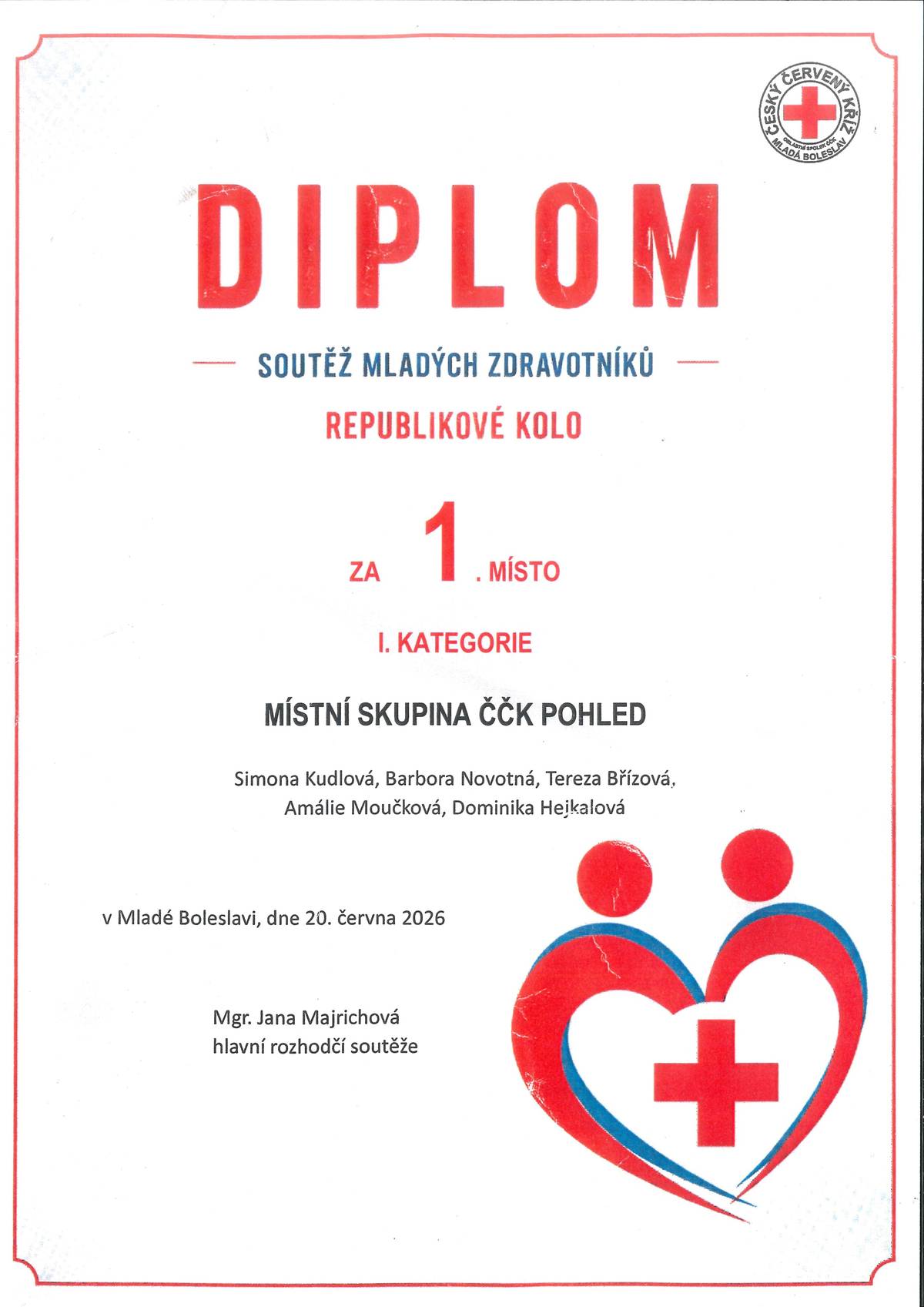 Soutěžní tým mladší kategorie Místní skupiny Českého červeného kříže Pohled získal 1. místo v republikovém kole Soutěže mladých zdravotníků, které se konalo 20. června v Mladé Boleslavi. Děvčatům srdečně gratulujeme k obrovskému úspěchu, zároveň velké poděkování patří týmu vedoucích kroužku červenokřižáků v Pohledu.