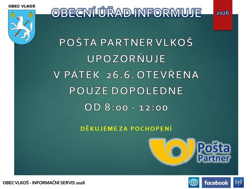 Pošta Partner Vlkoš upozorňuje, že v pá 26.6. bude provozovna otevřena pouze dopoledne, a to od 8 do 12 hod. Pořadatel Turnaje v malé kopané vás zve na Posezení s živou hudbou -  duo Katka a Jindra. Akce se uskuteční v pá 26. 6. od 20 hod. na hřišti ve Vlkoši. Pořadatel turnaje v malé kopané zve   na Noční párty ve Vlkoši na hřišti. Akce se uskuteční v so 27. 6. od 20 hod., vstupné 100 Kč. Přijďte se pobavit a užít tu správnou atmosféru se skupinou Funny Band. Obec Skoronice ve spolupráci s Kulturním a vlastivědným sdružením Skoronice Vás zve na Slavnostní zahájení Letní školy folklorního malování. Akce se uskuteční v út 30.6. v 18 hod. na prostranství před Památníkem Jízdy Králů. V programu budou představeny lektorky Letní školy Lenka Jurečková a Zuzana Špačková spolu s přihlášenými účastníky. Vernisáž výstavy krojů ze sbírky Ladislava Lungy bude součástí programu. Výstava krojů v sále Obecního domu bude přístupná v út 30. 6 od 19 do 21 hod., ve st 1. až pá 3.7. od 9 do 11 a od 16 do 20 hodin. ProfiMytí.cz nabízí mobilní čištění střech, fasád, dlažeb, chodníků a příjezdových cest od řas a nečistot. Oživte vzhled svého domu i okolí. Nezávazné nacenění zdarma na telefonu 774 315 931.