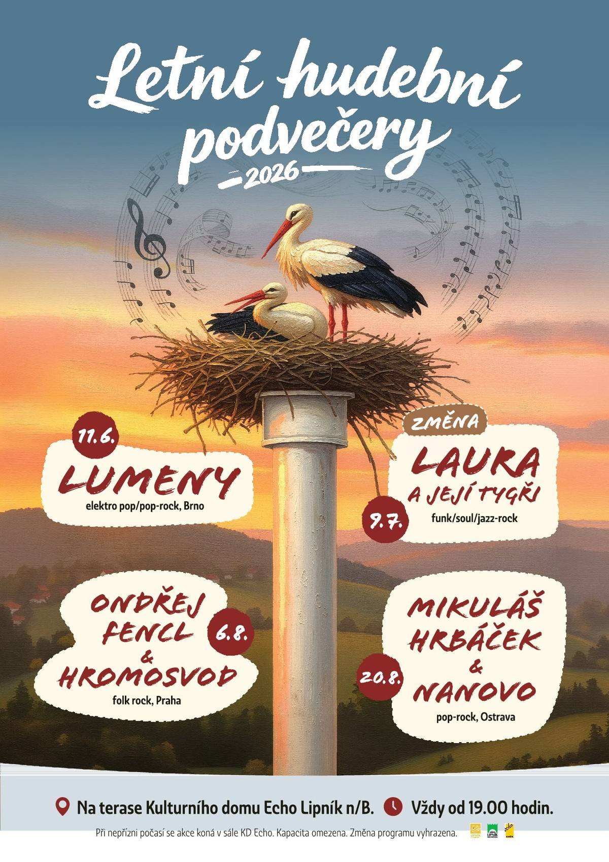Středisko volného času vás zve během letních měsíců na hudební podvečery. Ve čtvrtek 9. července měl původně vystoupit YO YO band, avšak z důvodu nemoci bude tento koncert nahrazen vystoupením hudební skupiny LAURA A JEJÍ TYGŘI. Terasa KD ECHO od 19 hodin, vstup zdarma.