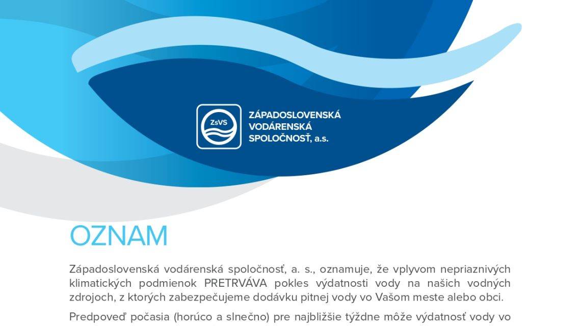 Oznam ZsVS, a.s., OZ Nitra o dočasnom obmedzení užívania pitnej vody