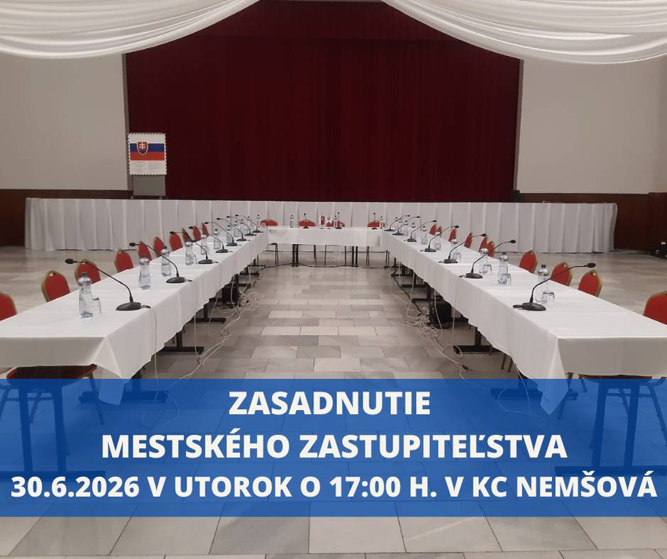 33. zasadnutie Mestského zastupiteľstva v Nemšovej zvoláva primátor mesta Miloš Mojto na utorok 30.6.2026 do veľkej sály KC Nemšová o 17:00 hod... Okrem majetkových a finančných záležitostí bude predložený aj Záverečný účet mesta za rok 2025, či návrhy na zmenu územného plánu... Všetky materiály na rokovanie si môžete pozrieť na webovej stránke mesta... https://www.nemsova.sk/samosprava/mestske-zastupitelstvo/zapisnice-uznesenia-a-materialy-na-rokovanie-msz/33-zasadnutie-mestskeho-zastupitelstva-v-nemsovej-dna-30-6-2026/