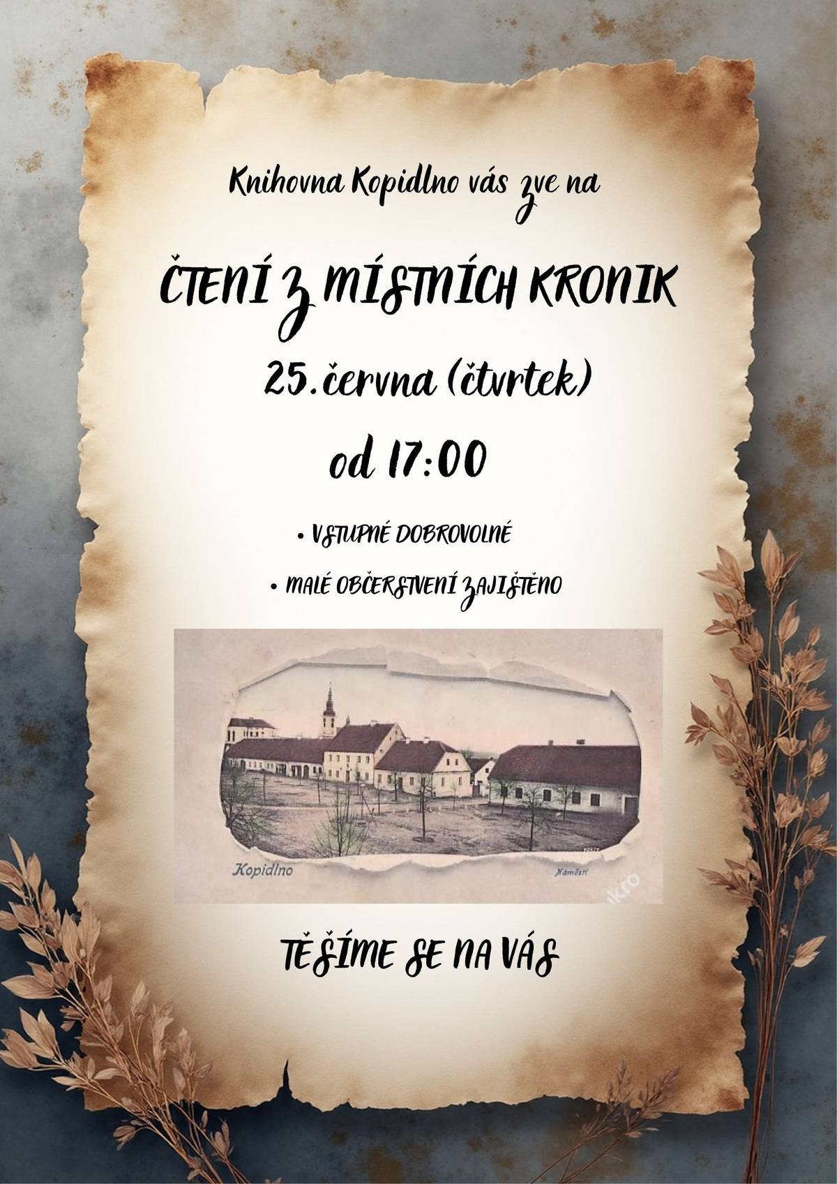 Zveme vás na příjemný podvečer s místními kronikami, zajímavými událostmi, vzpomínkami i střípky ze života našich předků. Přijďte se na chvíli zastavit, zaposlouchat do historie Kopidlna a objevit, jaké příběhy ukrývají stránky kronik. 🗓️ Čtvrtek 25. června od 17:00 📍 Knihovna Kopidlno ☕ Malé občerstvení zajištěno 💰 Vstupné dobrovolné           Těšíme se na společné setkání nad stránkami našich kronik. 📖✨