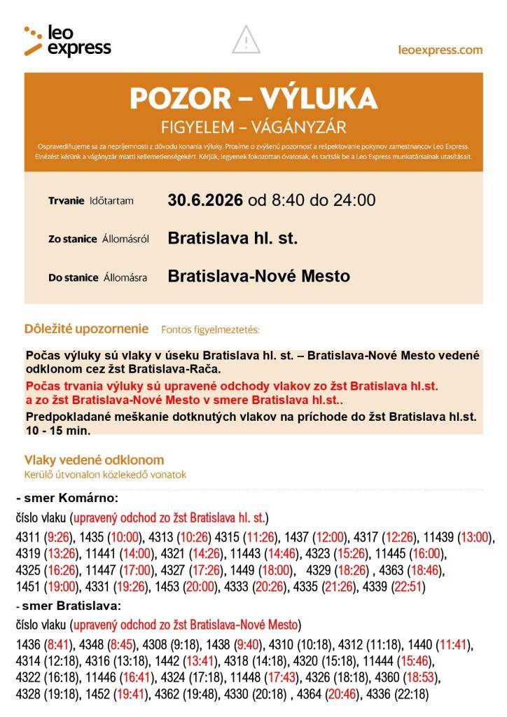 Bratislava hl. st.-Bratislava -Nové Mesto 30.06.2026 od 08:40 do 24:00