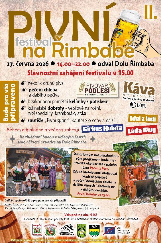 V sobotu 27. 6. 2026 se v areálu dolu Řimbaba koná Pivní festival. Přijďte se pobavit, poslechnout hudbu, ochutnat pečivo z pece a jiné dobroty, ale hlavně popít různé druhy piv.