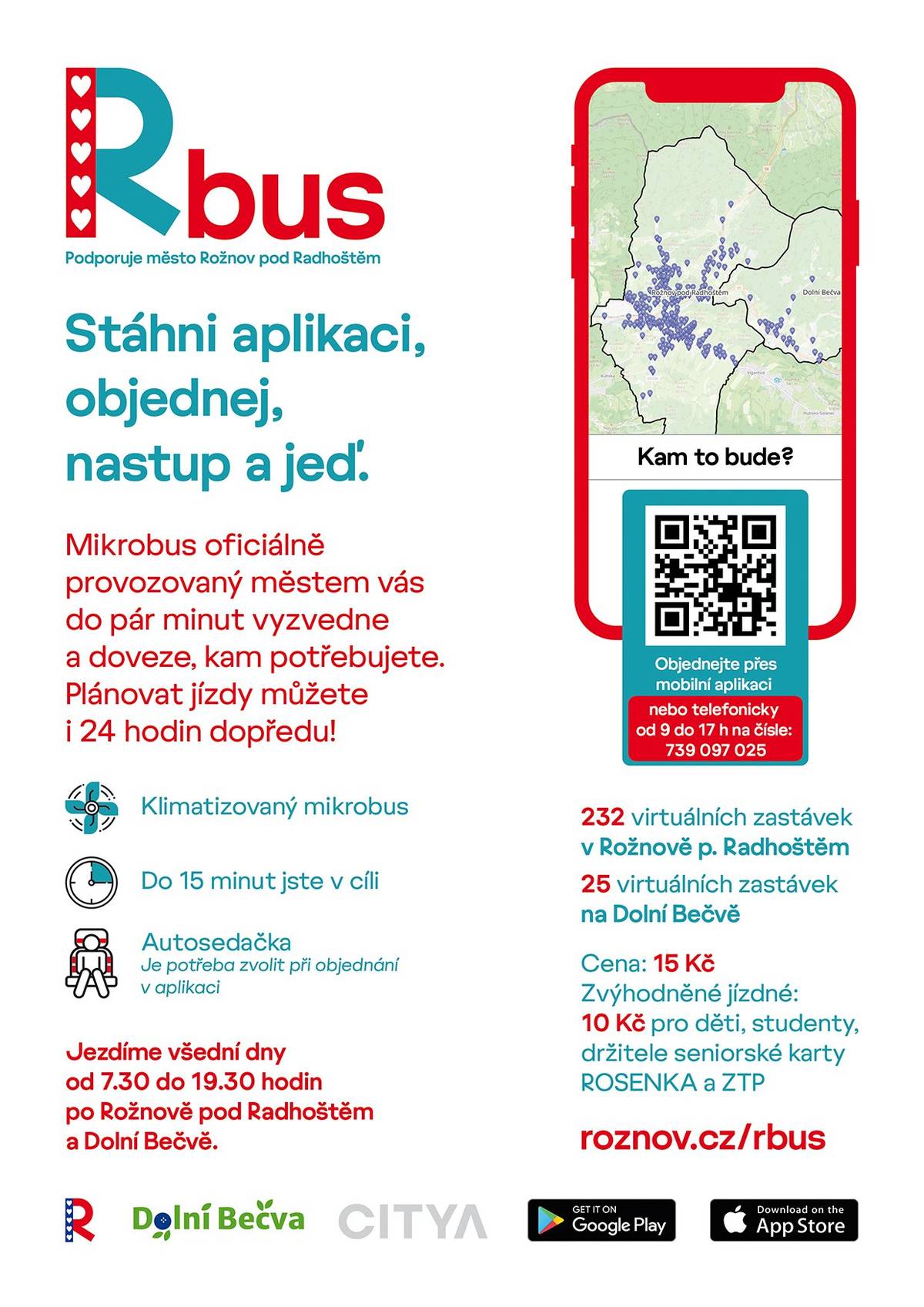 🚌 Od středy 1. července 2026 začne v Rožnově pod Radhoštěm a na Dolní Bečvě fungovat nová poptávková doprava s názvem Rbus 🚌 👌 Moderní služba nabídne obyvatelům flexibilní způsob cestování po městě a jeho okolí bez nutnosti sledovat jízdní řády nebo docházet na klasické autobusové zastávky 👌 🚌 Klimatizovaný mikrobus bude v pracovních dnech jezdit od 7.30 do 19.30 hodin. Cestující budou moci nastupovat a vystupovat na celkem 232 virtuálních zastávkách v Rožnově a dalších 25 zastávkách na Dolní Bečvě 🚌 ❤️ Cílem je nabídnout rychlou, pohodlnou a dostupnou dopravu, která se přizpůsobí potřebám cestujících. Více na Moderní doprava na dosah. Rbus vyjíždí 1. července do ulic Rožnova a Dolní Bečvy - Město Rožnov pod Radhoštěm