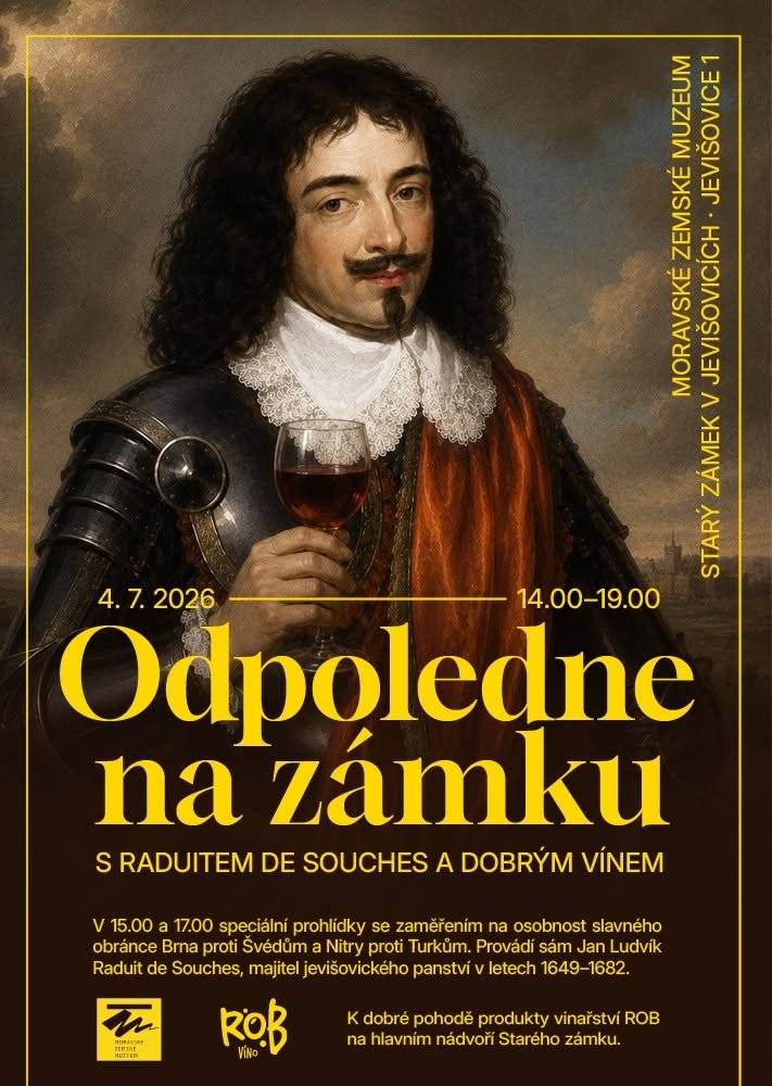 Už jste někdy potkali Jana Ludvíka Raduita hrabě de Souches významného vojevůdce a polního maršála, který se proslavil  zejména jako geniální obránce Brna před mnohonásobnou přesilou švédských vojsk? A mimochodem byl i majitelem Jevišovického zámku. Že né? 😉 Tak v tom případě pospíchejte 4.7.2026 na zámek do Jevišovic, kde vás přímo ON provede na speciální prohlídce, no a jako bonus dobré víno 🥂