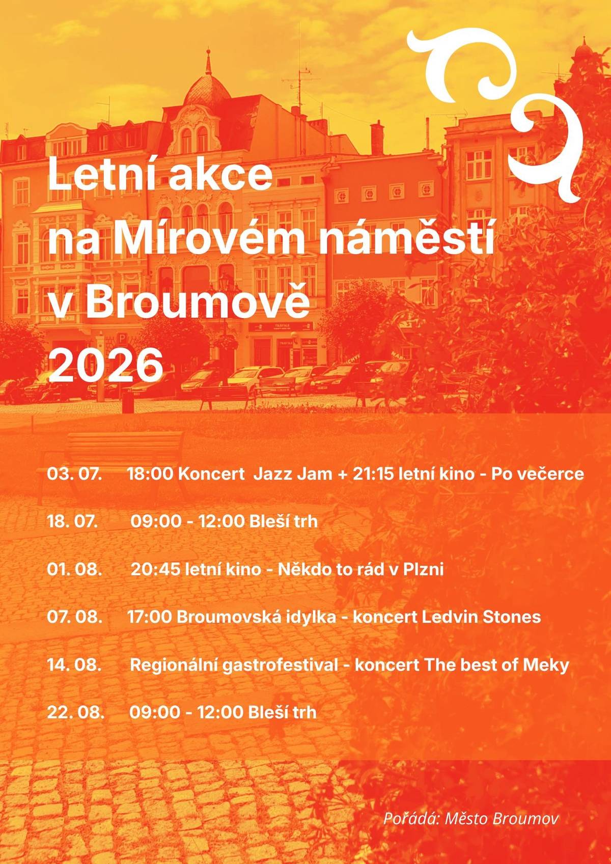 Science Café: Geoparky vyprávějí příběhy Země i krajiny Dnes od 18:00. Sál Kreslírna / Klášter Broumov. Více ZDE   Degustace vín v benediktinských sklepích Dnes od 18:00 do 21:00, Benediktinské sklepy / Klášter Broumov. Více ZDE   Nanovor – zahájení prázdnin V pátek 26. června od 18:00. Dětského hřiště / Broumov. Více ZDE   Fotbalový turnaj V sobotu 27. června od 9:00. Hřiště ZŠ Masarykova / Broumov. Více ZDE   Komentovaná prohlídka / Julia Koudela Hansen-Löve: Retina V sobotu 27. června od 16:00, Galerie Dům / Klášterní zahrada. Více ZDE   Jazz on screen - Sólisté The Loop Jazz Orchestra (Za poklady Broumovska) v sobotu 27. června od 18:00, Sál Kreslírna / Klášter Broumov. Více ZDE   Progress 2 V sobotu 27. června od 20:00, Undergroundový klub Eden / Broumov. Více ZDE   Písničky a hry na náměstí V neděli 28. června od 17:00 (posun času kvůli extrémnímu počasí). Mírové náměstí / Broumov. Více ZDE   Ranní meditace V úterý 30. června od 8:00 do 8:25. Klášter Broumov / nádvoří. Více ZDE   (bez)Cenní svědkové – výstava Výstava trvá do 4. 10. 2026. Muzeum Broumovska. Více ZDE   Brána recyklace - výstava Výstava trvá do 31. 8.2026. CSSNB, ul. Lidická 174 / Broumov. Více ZDE   ART KLUB – výstava obrazů Výstava trvá do 31. 8.2026. Café Litera / Městská knihovna v Broumově. Více ZDE