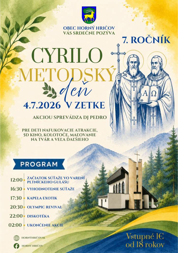 Obec Horný Hričov Vás pozýva na CMD, ktorý sa uskutoční dňa 04.07.2026 v priestoroch areálu Z-tky. Začiatok akcie je o 12:00 h.